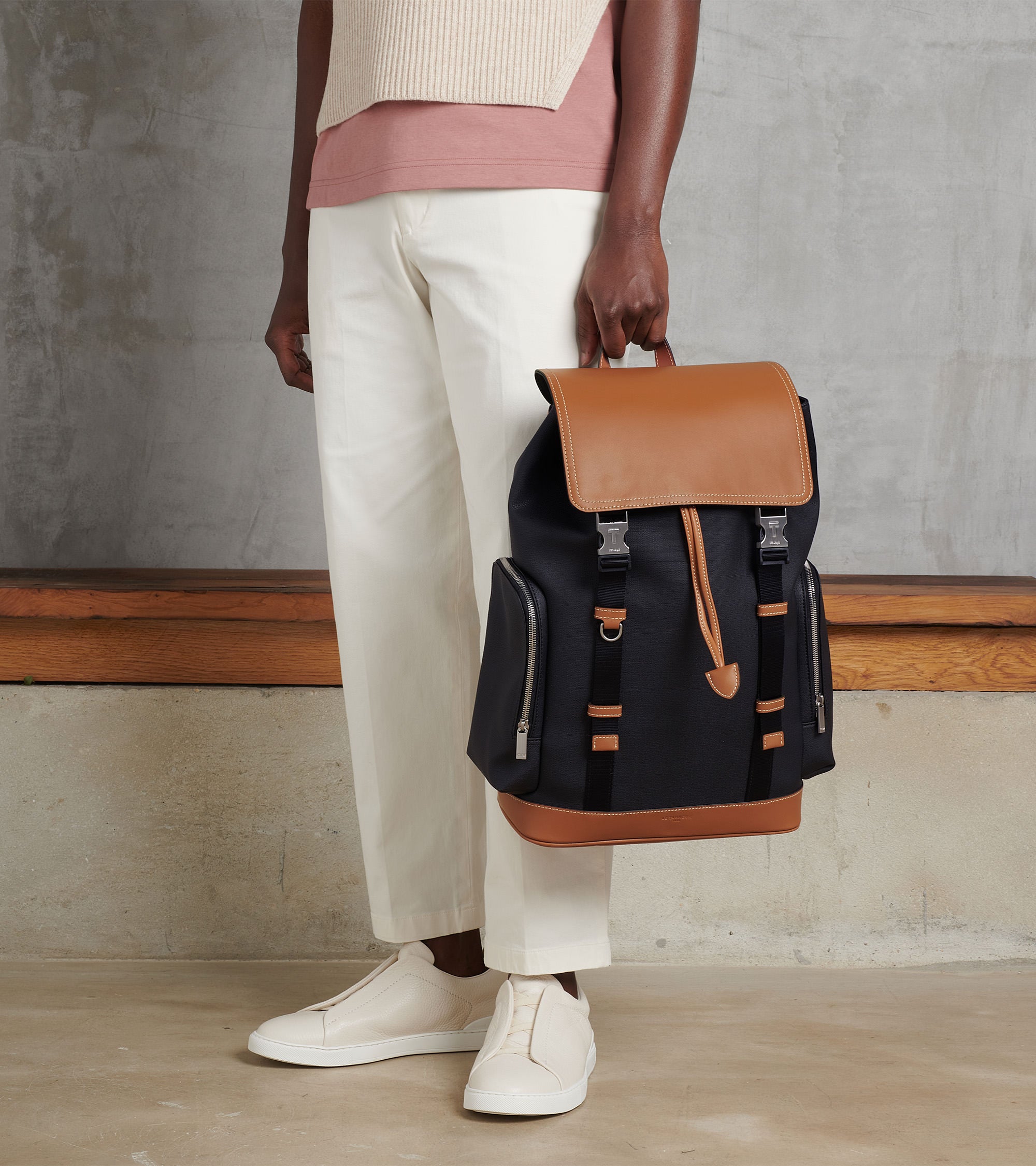 Maurice backpack with flap closure in coated canvas Black Tan