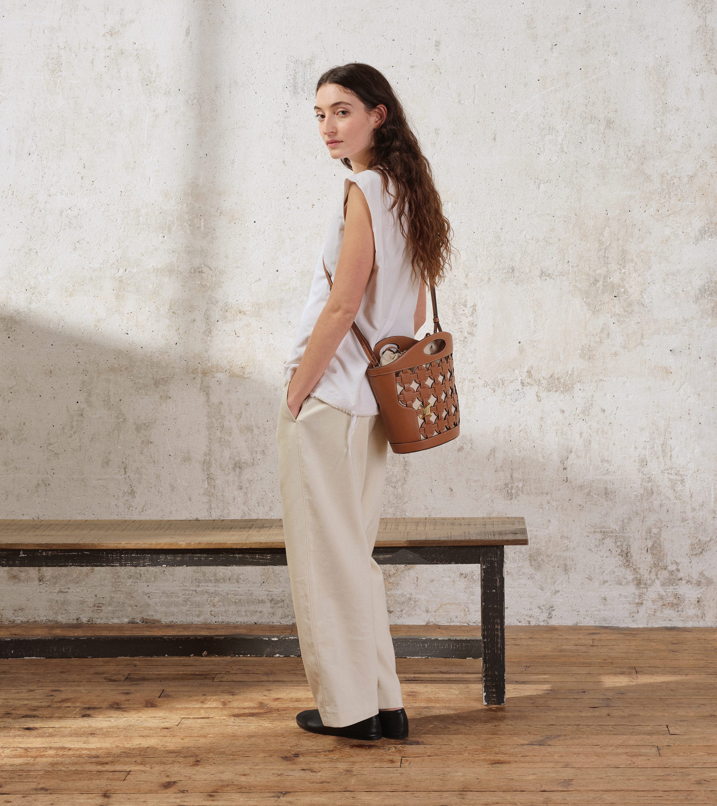 Bucket bag Le Potier in cotton canvas and smooth leather